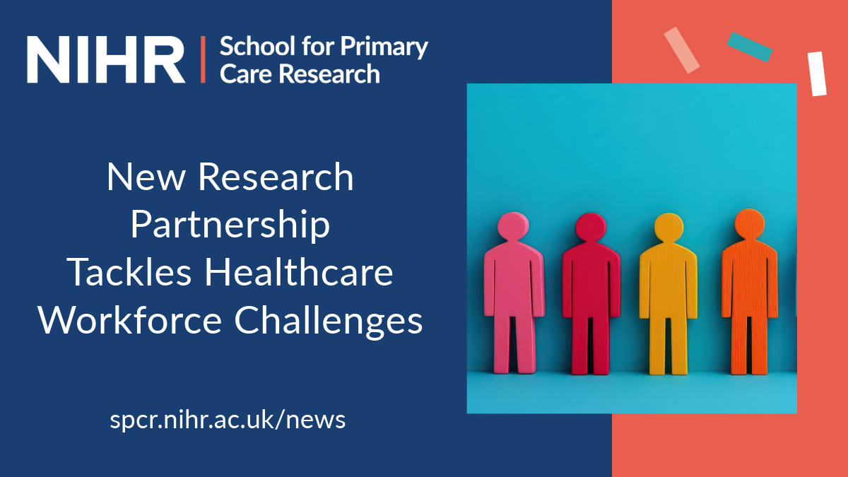 NIHR School for Primary Care Research graphic announcing “New Research Partnership Tackles Healthcare Workforce Challenges.” The design features a dark blue background with white text and an image of four colourful human figures—pink, red, yellow, and orange—standing in a row against a turquoise backdrop, symbolising collaboration and diversity in healthcare research.